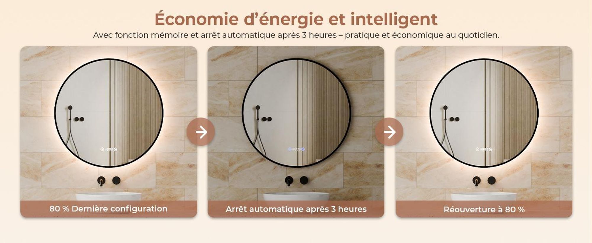 S'AFIELINA miroir salle de bain LED 80 cm rond, tactile, anti-buée, variateur, horloge, température, mémoire, bordure noire