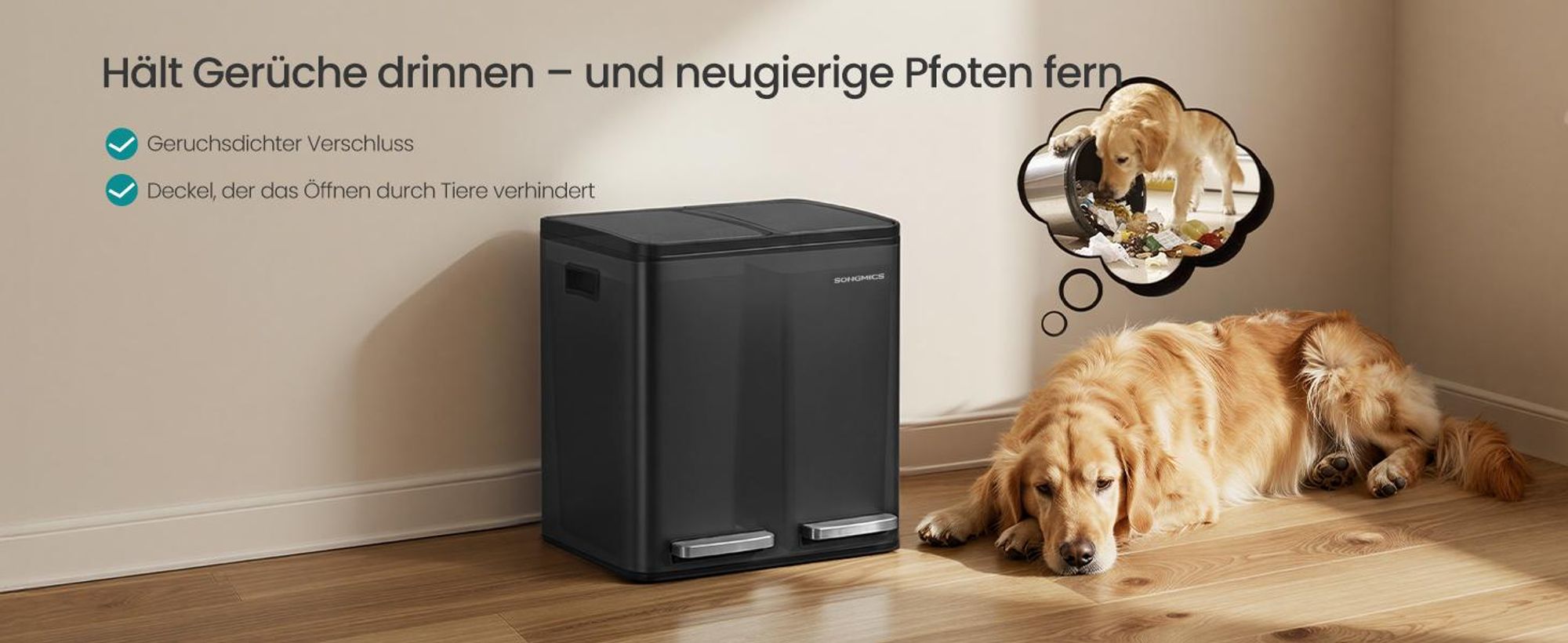 Abfalleimer 2 Fächer, Mülleimer 2 x 15 L, Tretmülleimer Softclose-Deckel, Küche, herausnehmbare Inneneimer