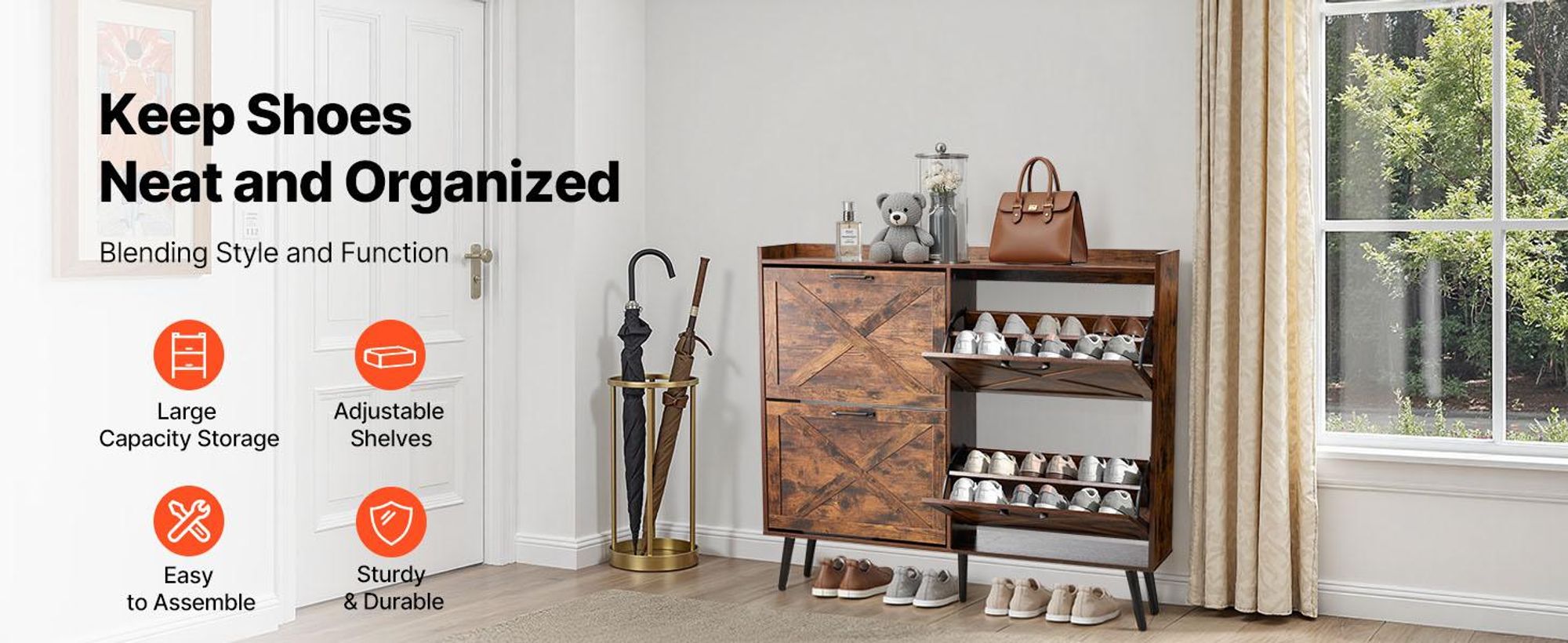 VEVOR Schuhschrank mit 4 Klappen & Kippschutz, platzsparender Schuhkipper, freistehender Schuhregal-Organizer für den Eingang Flur Wohnzimmer Veranda, Vintage Schuhregal 120 x 24 x 105 cm Braun