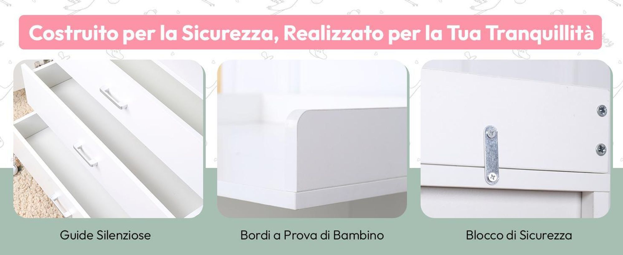 Cassettiera a fasciatoio, in legno, con piano a fasciatoio, 3 cassetti, 1 porta, altezza 100 cm, colore bianco, dimensioni 113 x 100 cm