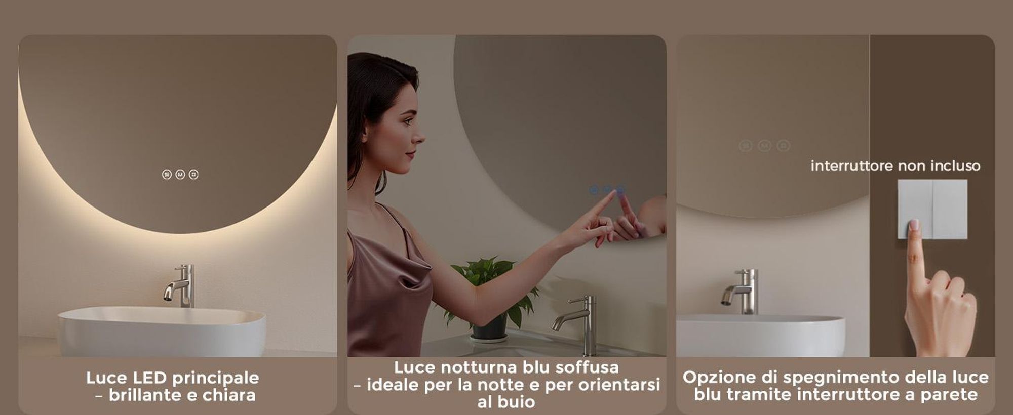 Espejo de baño redondo S'AFIELINA, con iluminación, LED, regulable, 3 tonos de luz, antiniebla, con sensor táctil y función de memoria