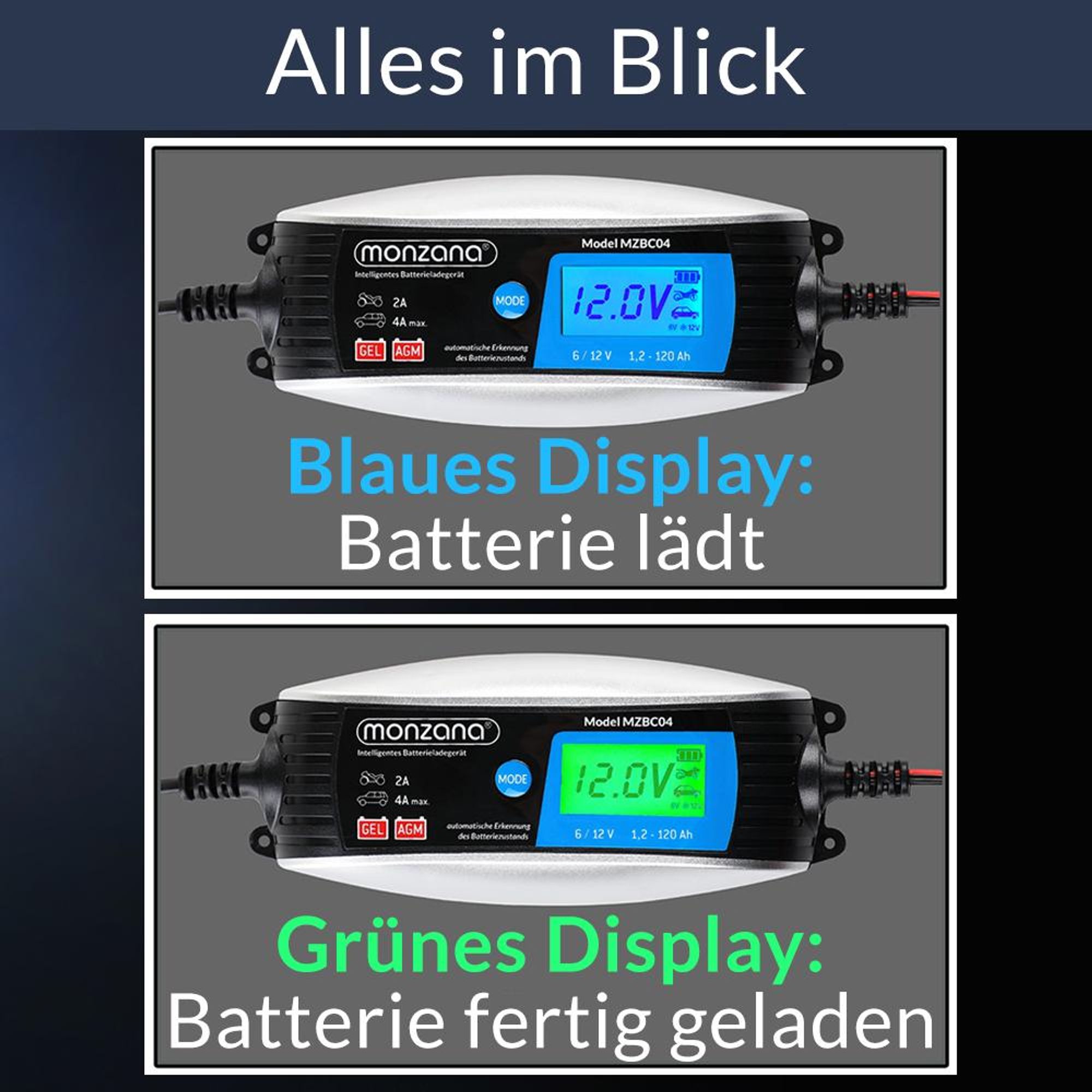 MONZANA® KFZ Batterieladegerät vollautomatisch 6V 12V LCD-Bildschirm Temperaturkompensation Erhaltungsladung intelligentes Ladegerät für Auto Motorrad