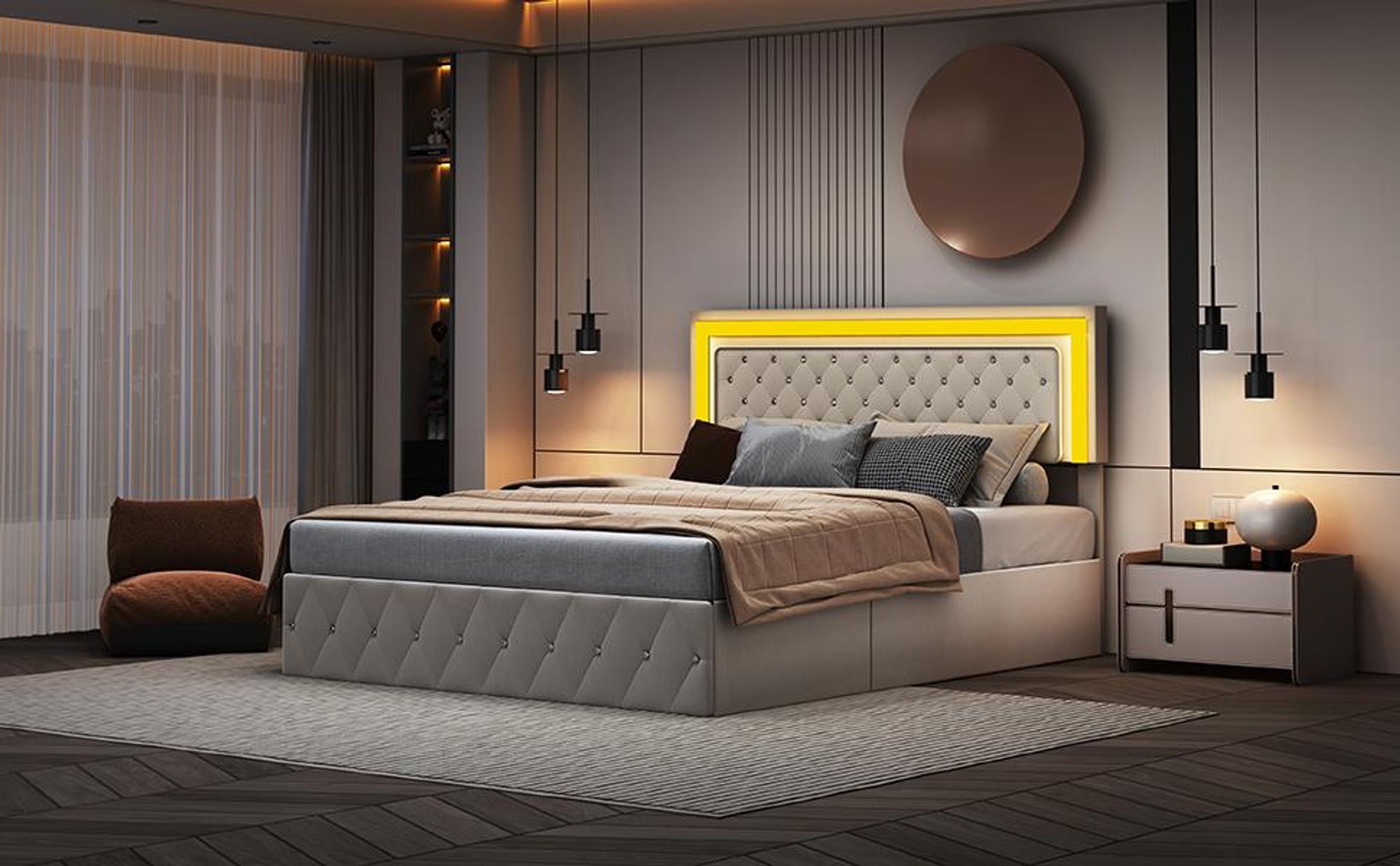 INONEFT Boxspringbett 140×200 mit LED,Polsterbett Jugendbett mit Stauraum,Hydraulisches Doppelbett,Stauraumbett, Samt, Beige.