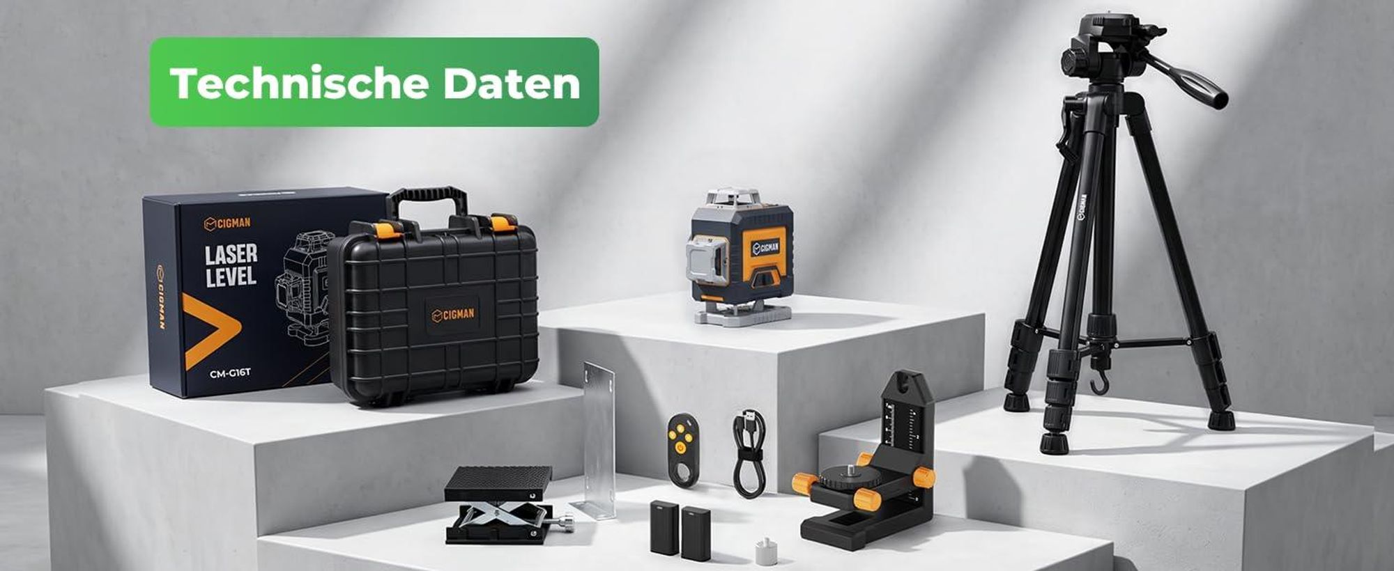 CIGMAN CMG16T Kreuzlinienlaser 4 x 360 Grad mit Stativ – App, Grün, IP54