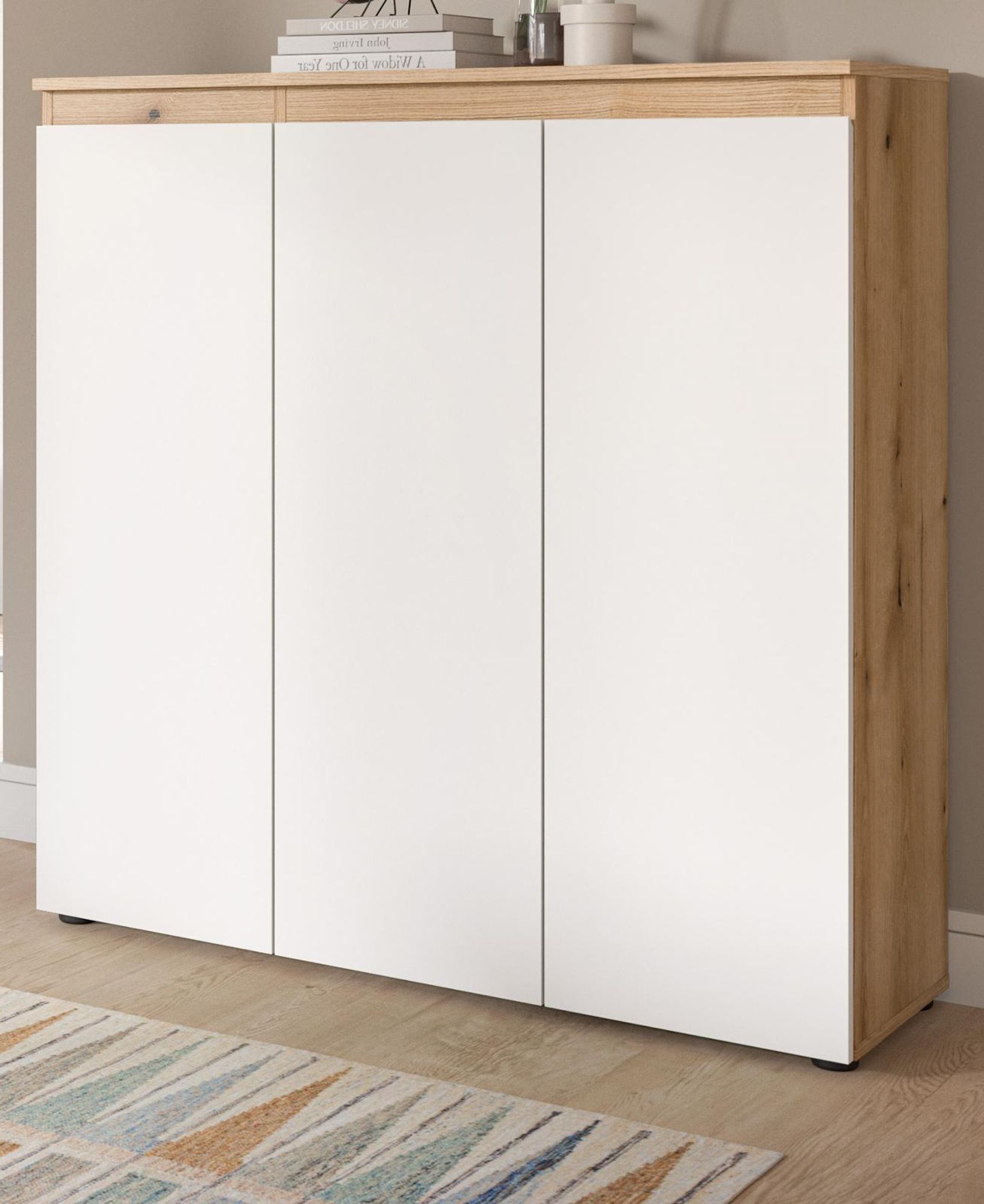 Mehrzweck- und Schuhkommode Assino in Weiß und Eiche 105 x 111 cm