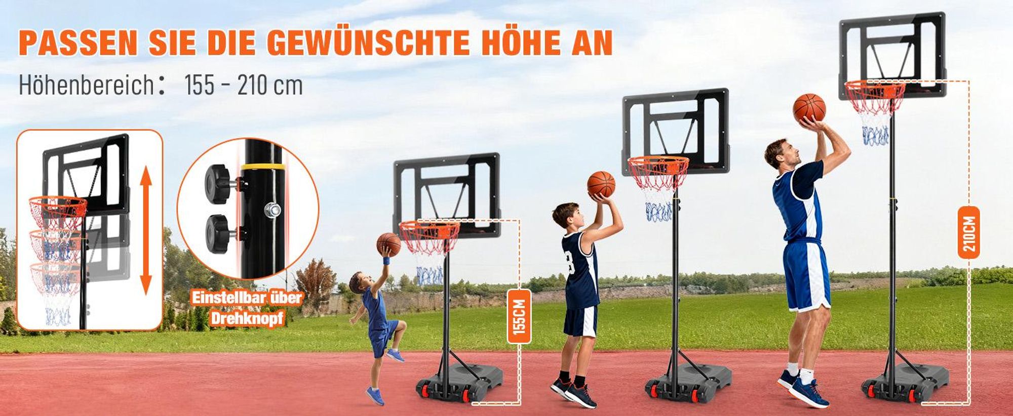 FCH Basketballständer 155-210cm höhenverstellbar，Basketballkorb mit Ständer，Tragbare Basketballanlage，für Kinder ，für Innen- und Außenbereich