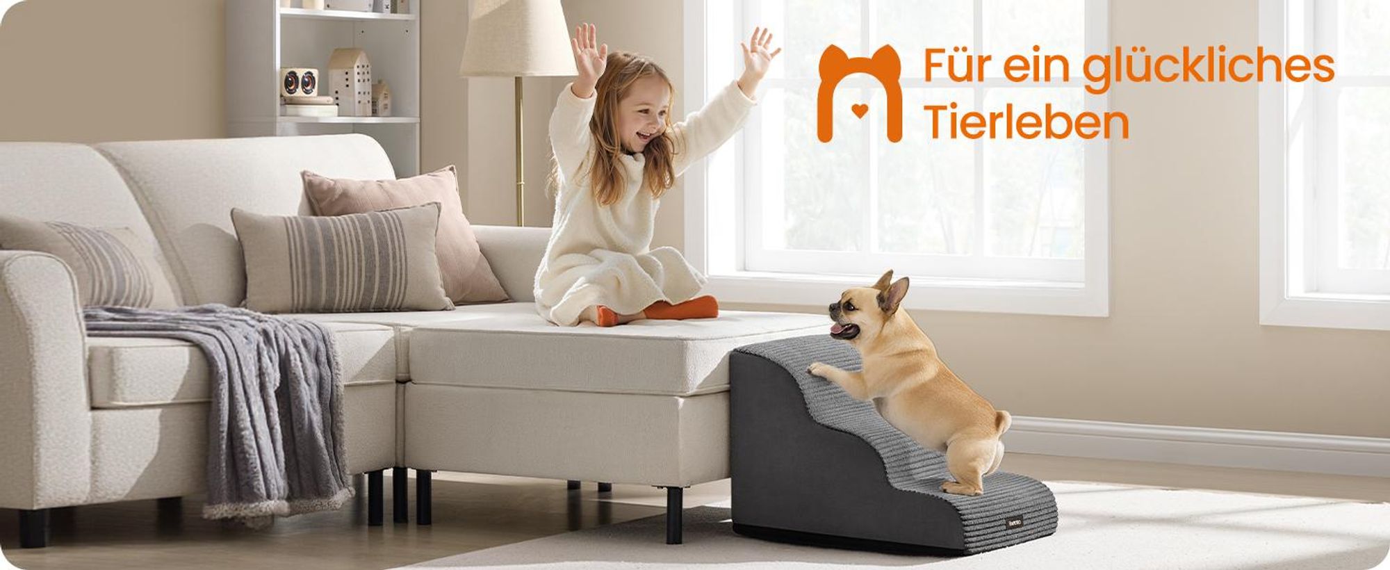 Feandrea Hundetreppe, 3 Stufen, Cord mit Querstreifen, Haustiertreppe, für Bett, Sofa, wasserdicht, rutschfest, geringe Neigung