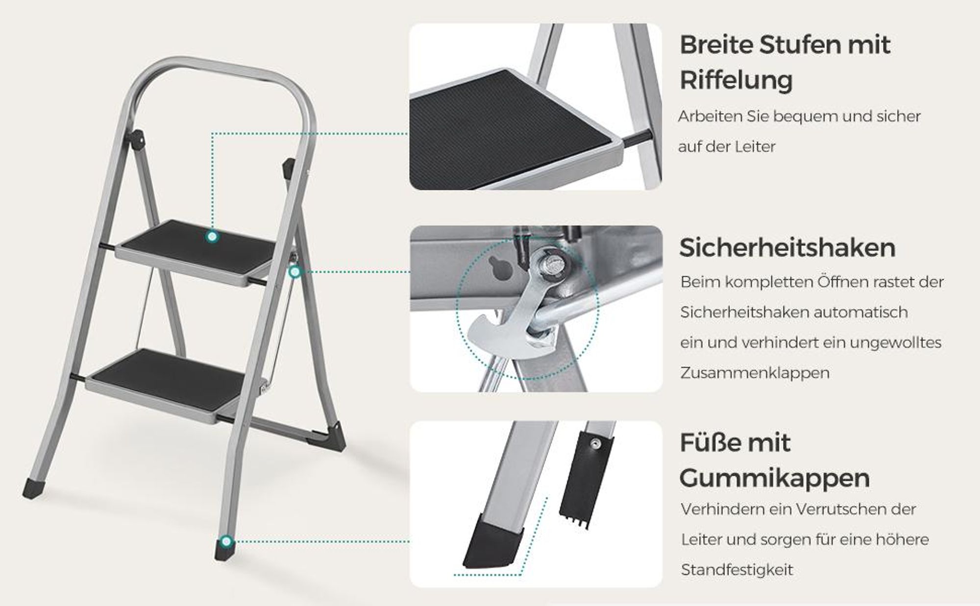 SONGMICS Trittleiter, Leiter mit 2 Stufen, Klapptritt, Klappsicherung, einfach zu verstauen, bis 150 kg belastbar, grau GSL012G01