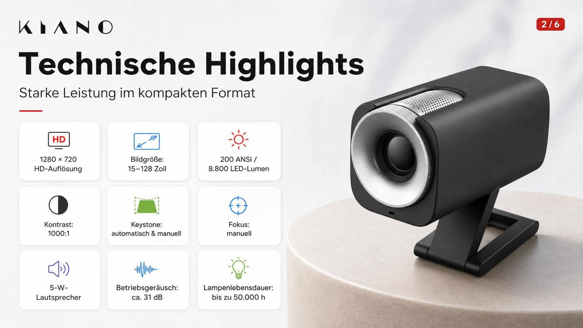 Kiano GO Mini Beamer, Android Projektor HD 720p, WLAN, bis 128 Zoll, Schwarz
