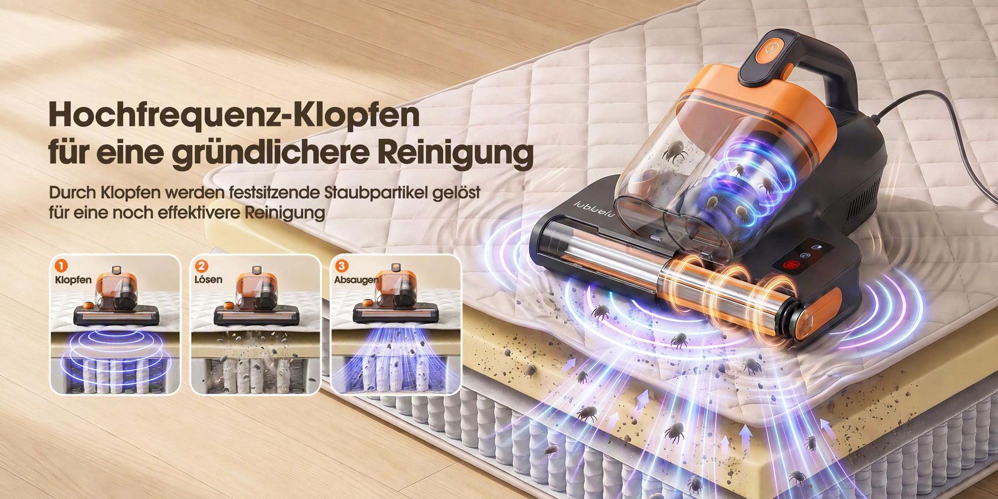Lubluelu CM209 Milbensauger Handstaubsauger für Matratzen 16 kPa, 450 W LED-Staubsensor, 80 °C Warmluft, UV-C-Licht, 65.000 Schläge/min & HEPA-Filter