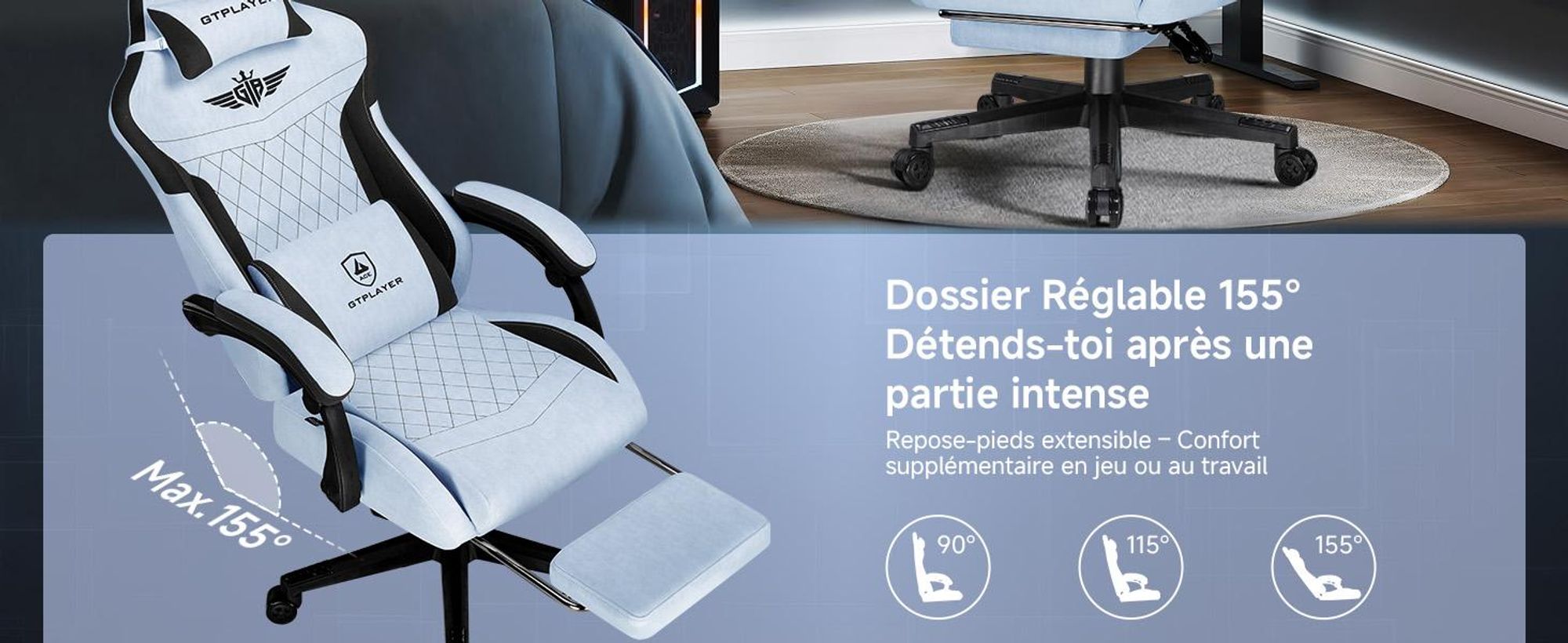 Chaise de jeu GTPLAYER, Chaise de jeu ergonomique en flanelle de haute qualité avec soutien lombaire, Chaise PC avec dossier élargi, 150 KG