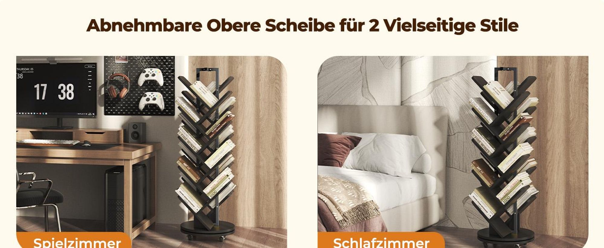 Drehbares Baum-Bücherregal Standregal Dekoregal mit 17 Ablagen, 360° Rotation, Lenkrollen mit Bremsen, Platzsparendes Standregal für Wohnzimmer Büro