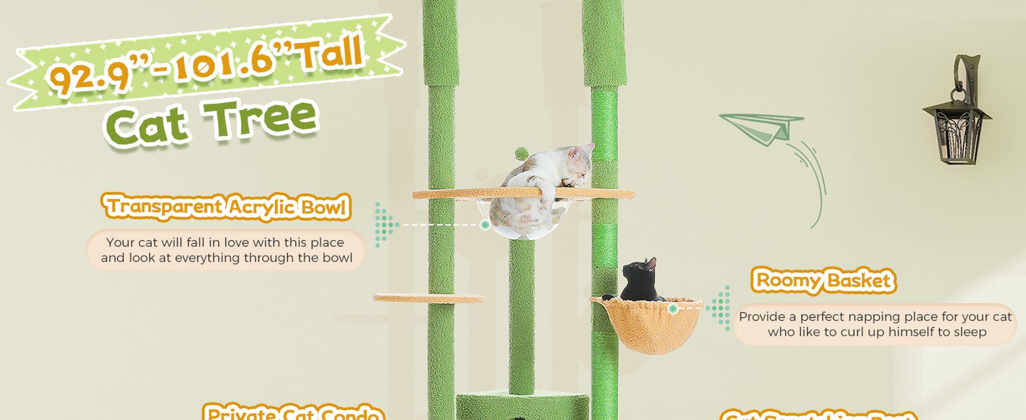 PAWZ Road XXL Katzenbaum 236-258cm mit Sisal-Kratzpfosten, Doppelkondo und Korb für Großkatzen
