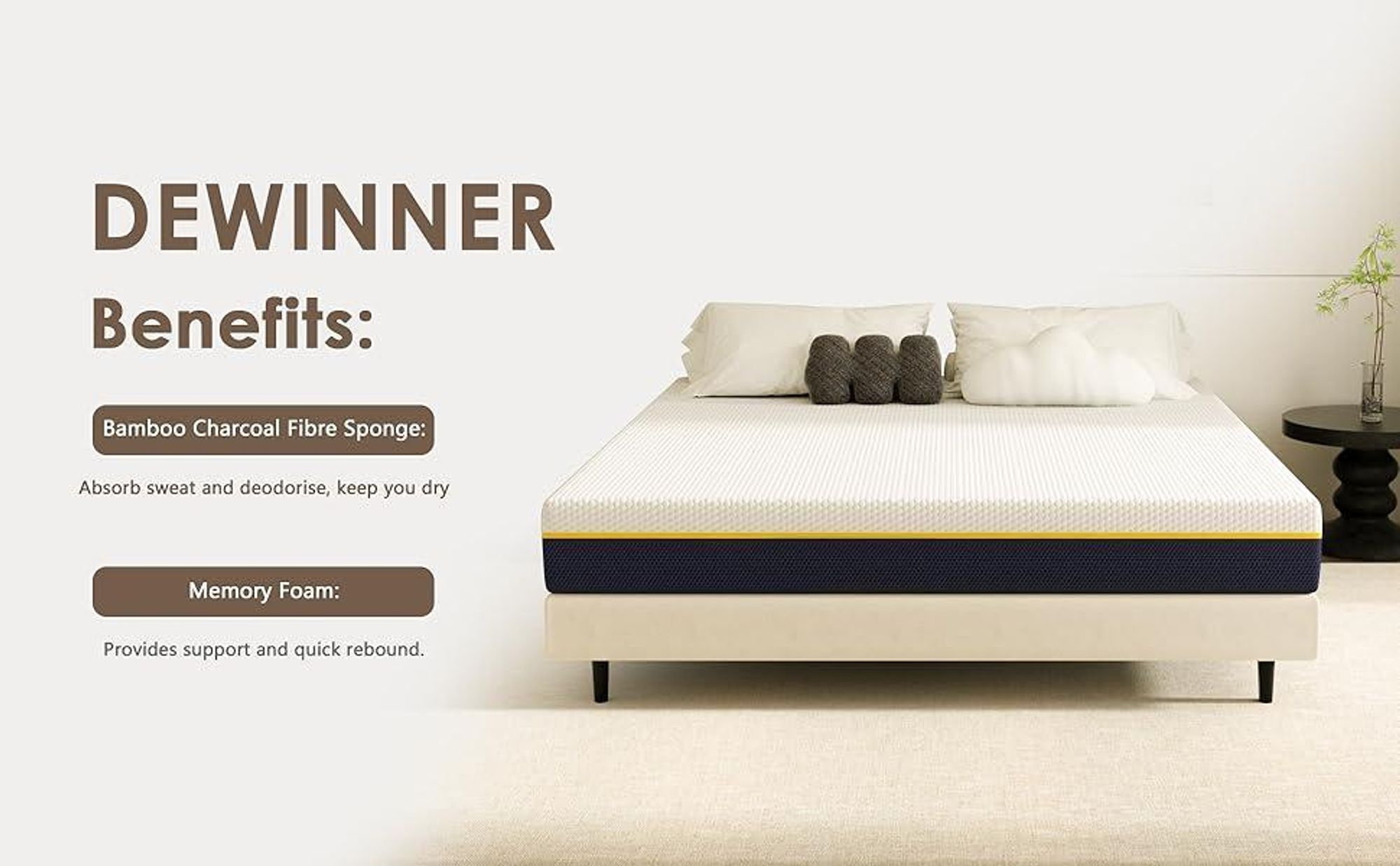 DEWINNER Matelas 140x190x17cm, Matelas en Mousse à Mémoire de Forme et Matériau Bambou, Fermeté Moyenne,Soutien Parfait, Respirant, Hypoallergénique