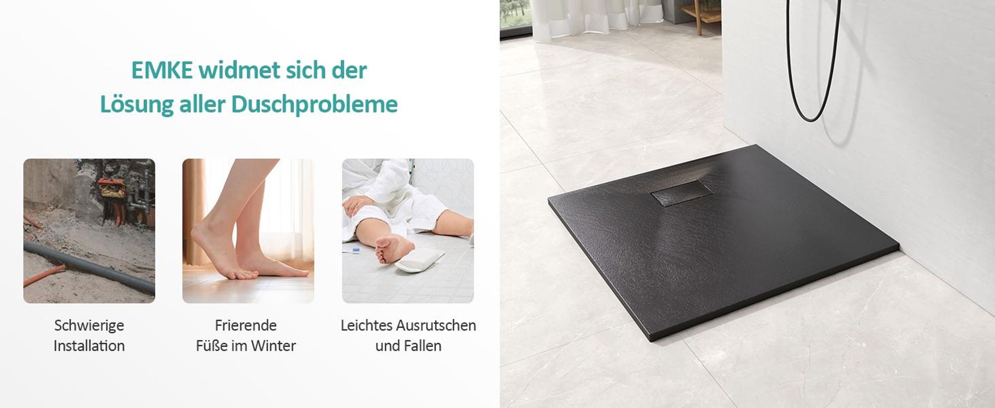 EMKE Duschwanne Flach Rechteckig 140x90cm Duschtasse mit Rutschfeste Struktur in Schwarz Steinoptik inkl. Ablaufgarnitur