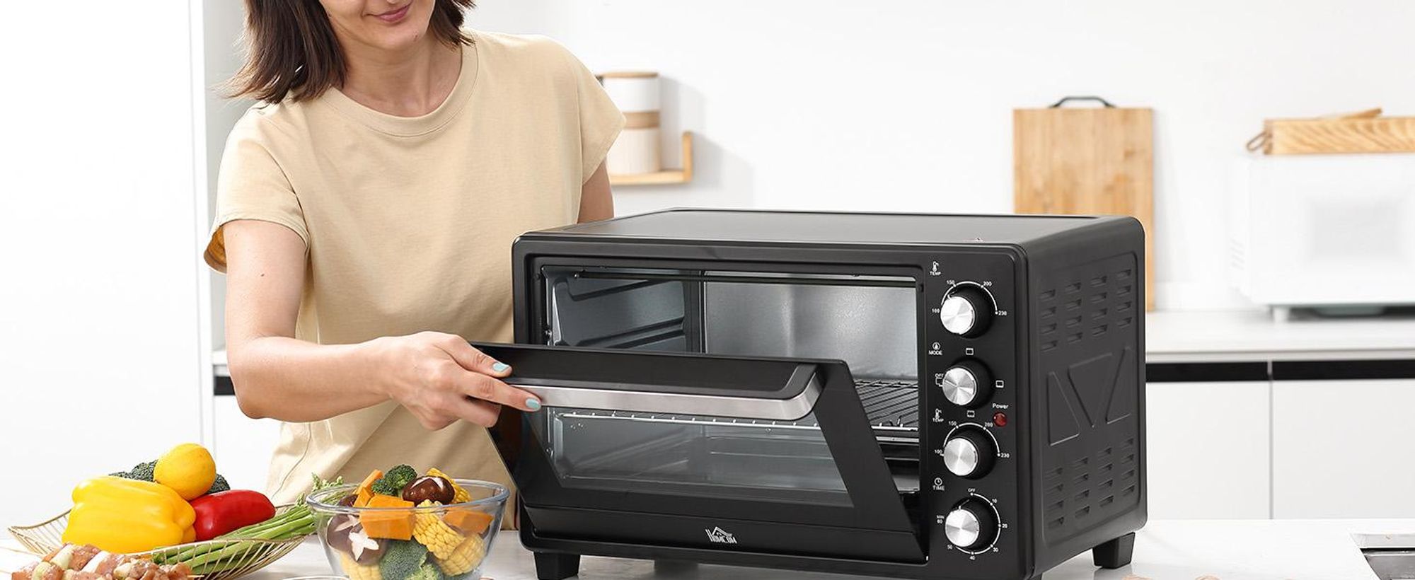 HOMCOM Mini Backofen 32L Mini Ofen mit Grillrost, Backblech, 3 Kochmodi Schwarz