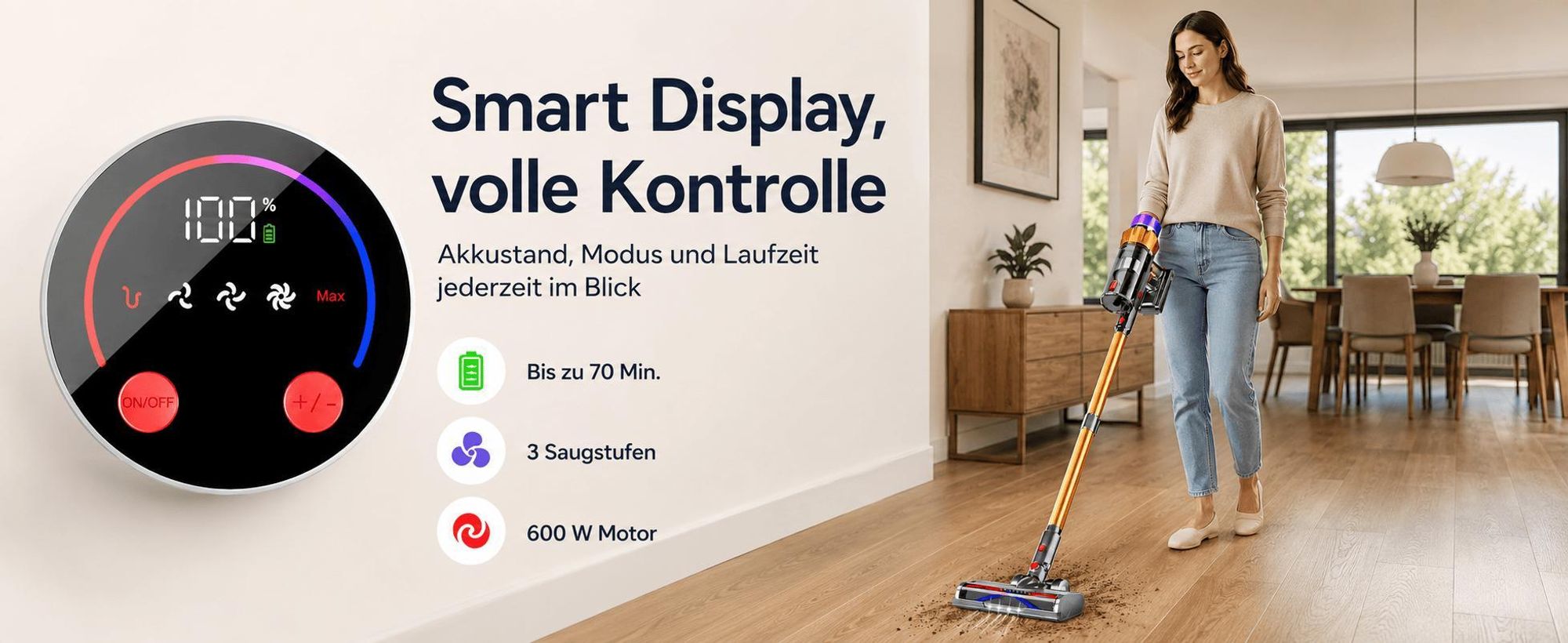 Akku Staubsauger, 65000Pa / 600W / 70Mins Staubsauger Kabellos mit Smart Display, Staubsauger mit Anti-Verhedderung-Bürste, drei Gänge, 1.8L