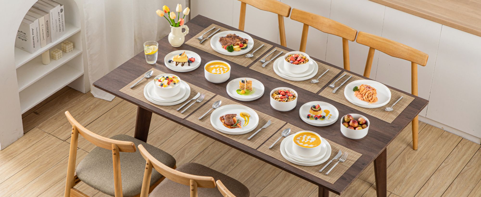 MALACASA, 18 tlg. Porzellan Geschirrset Kombiservice Tafelservice mit je 6 Speiseteller, Dessertteller, Schale, cremeweiß