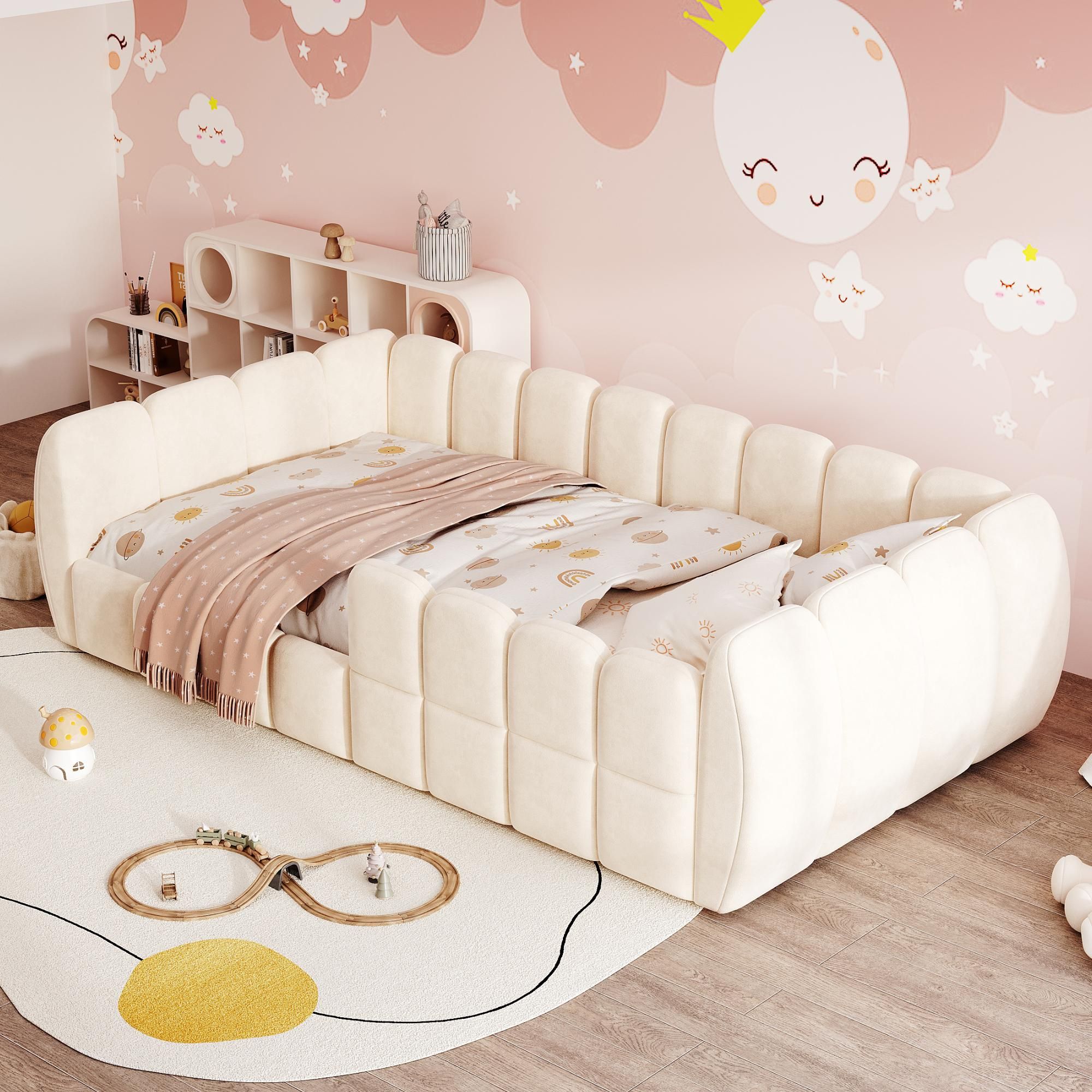 Merax Gepolstertes Kinderbett Bodenbett 90x200cm, Samtbett mit geschlossenem Design und abgerundeten Ecken, Montessori Bett für Jugendliche, Beige