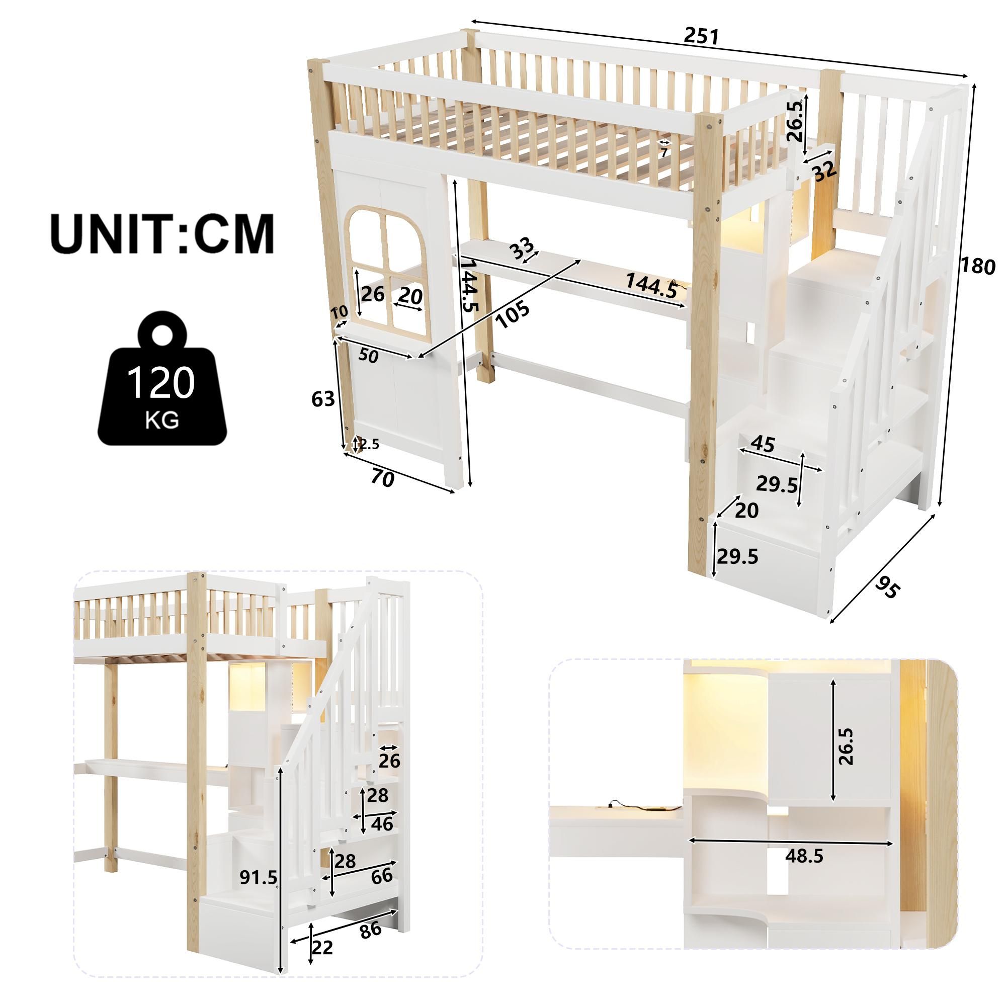 Flieks Etagenbett 90x200cm mit Schreibtisch und Ladefunktion, Kinderbett Hausbett mit Regal, Hochbett Einzelbett mit Led, Stockbett Naturbelassen