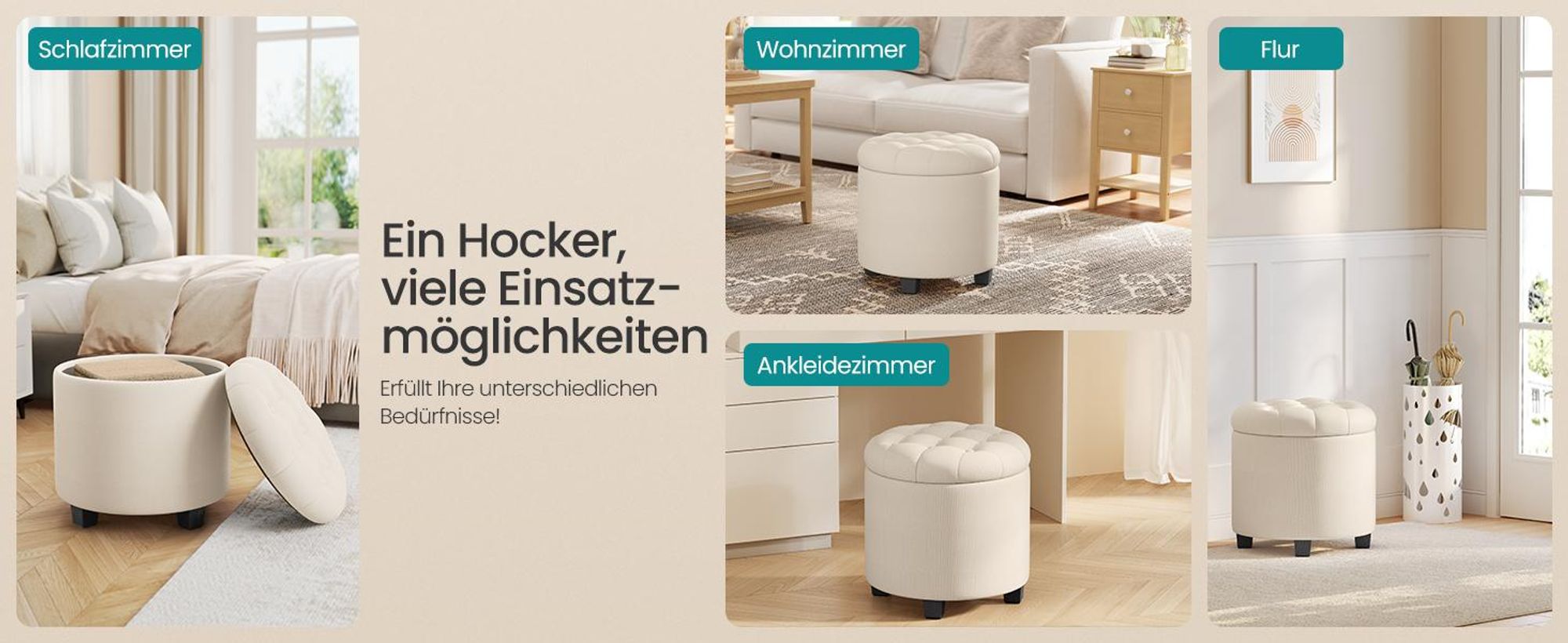 SONGMICS Sitzhocker rund, Fußhocker mit Stauraum, Schminkhocker mit Beinen, 45 cm d, 44,5 cm H, bis 150 kg belastbar