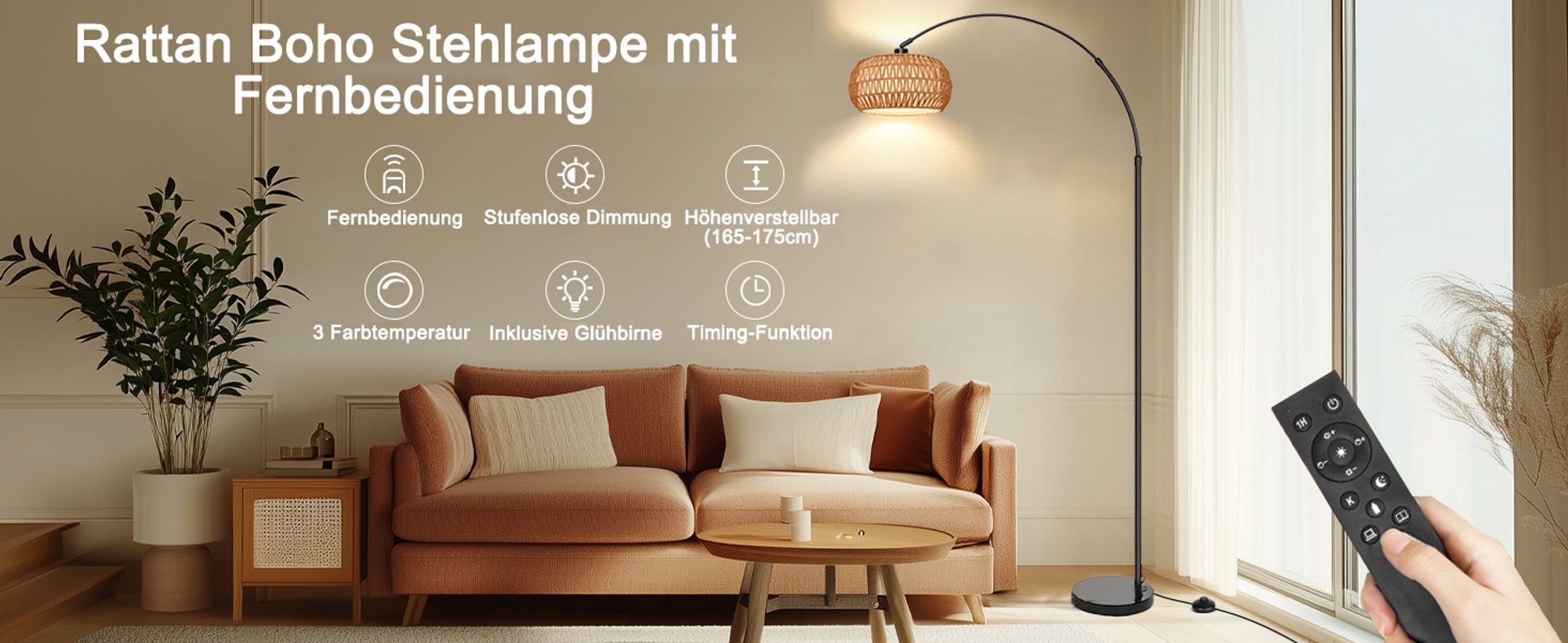 Rattan Stehlampe Boho Dimmbar Stehleuchte App-Steuerung Höhenverstellbar Standleuchte mit Fernbedienung für Schlafzimmer Wohnzimmer Büro
