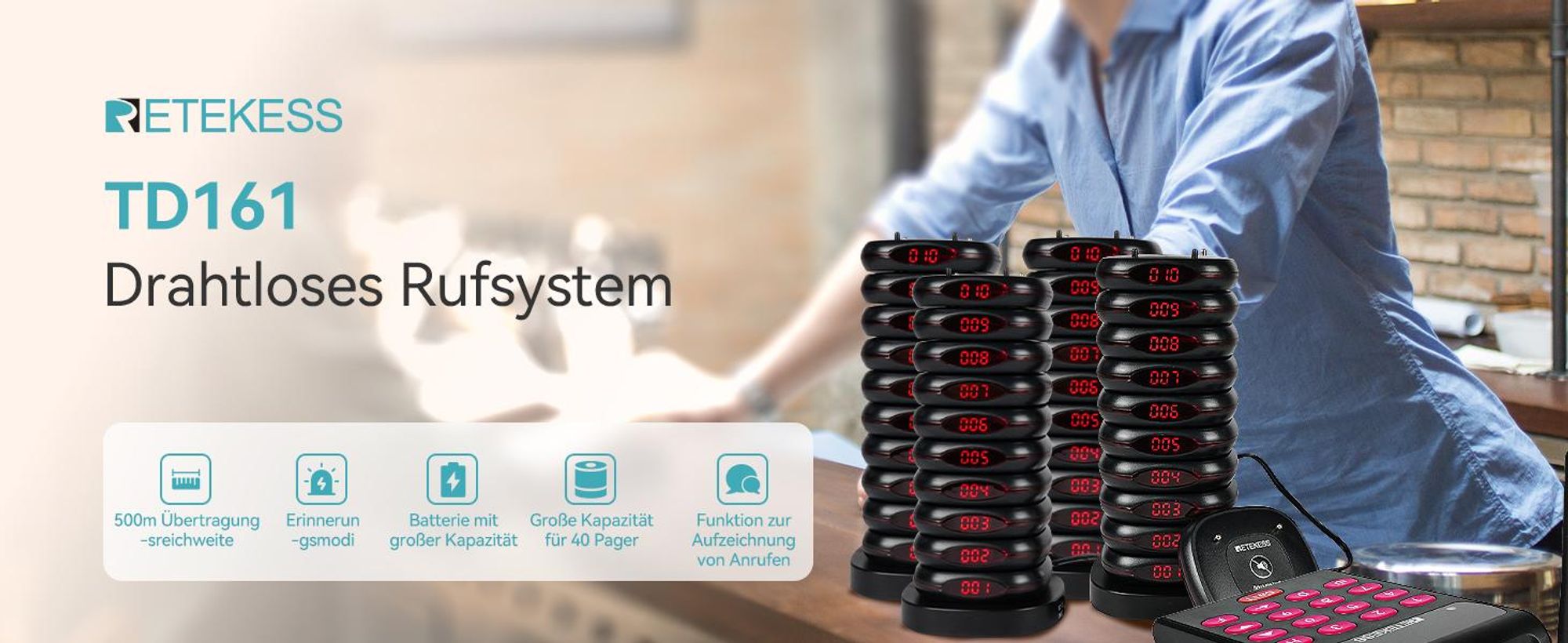 Retekess TD161 Restaurant Pager System, Pager Gastronomie, 500m, Leicht Einzurichten, Ausschalten mit Einem klick, für Hotels, Snacks, Bar (40 Pager)