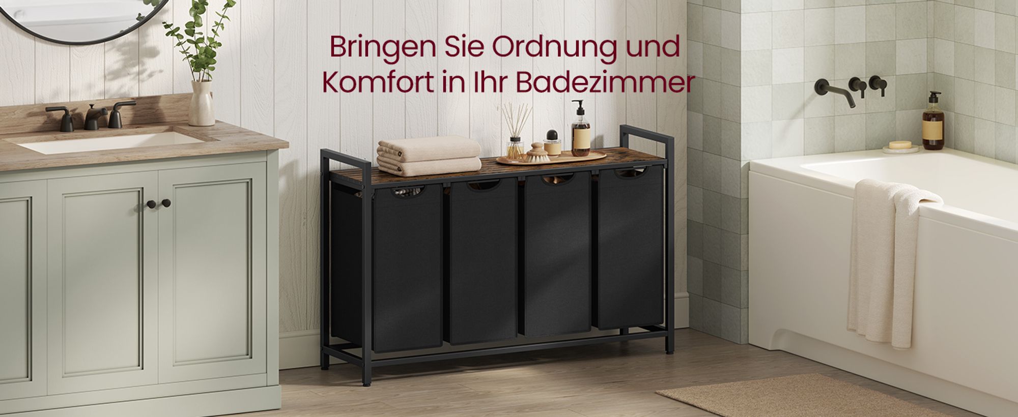 VASAGLE Wäschekorb 4 Fächer, Wäschesammler mit Ablage, Wäschebox, Metallrahmen