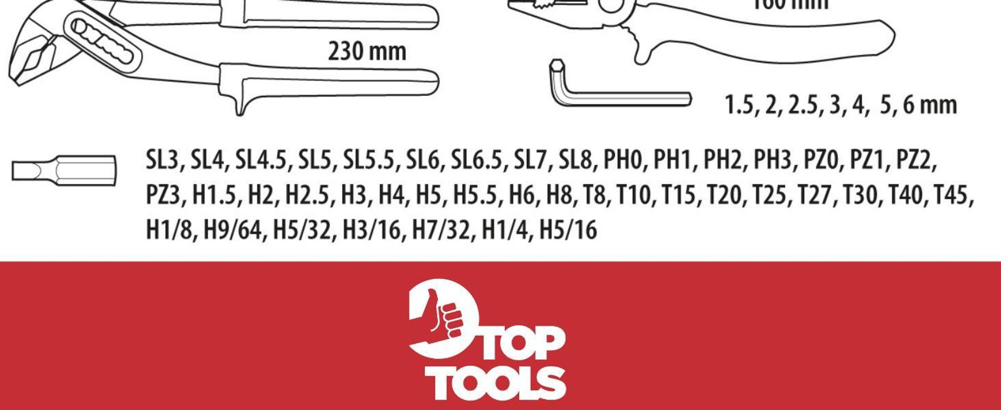 Top Tools Werkzeugset 81 tlg. mit Zangen, Schraubenschlüssel, Hammer und Bits