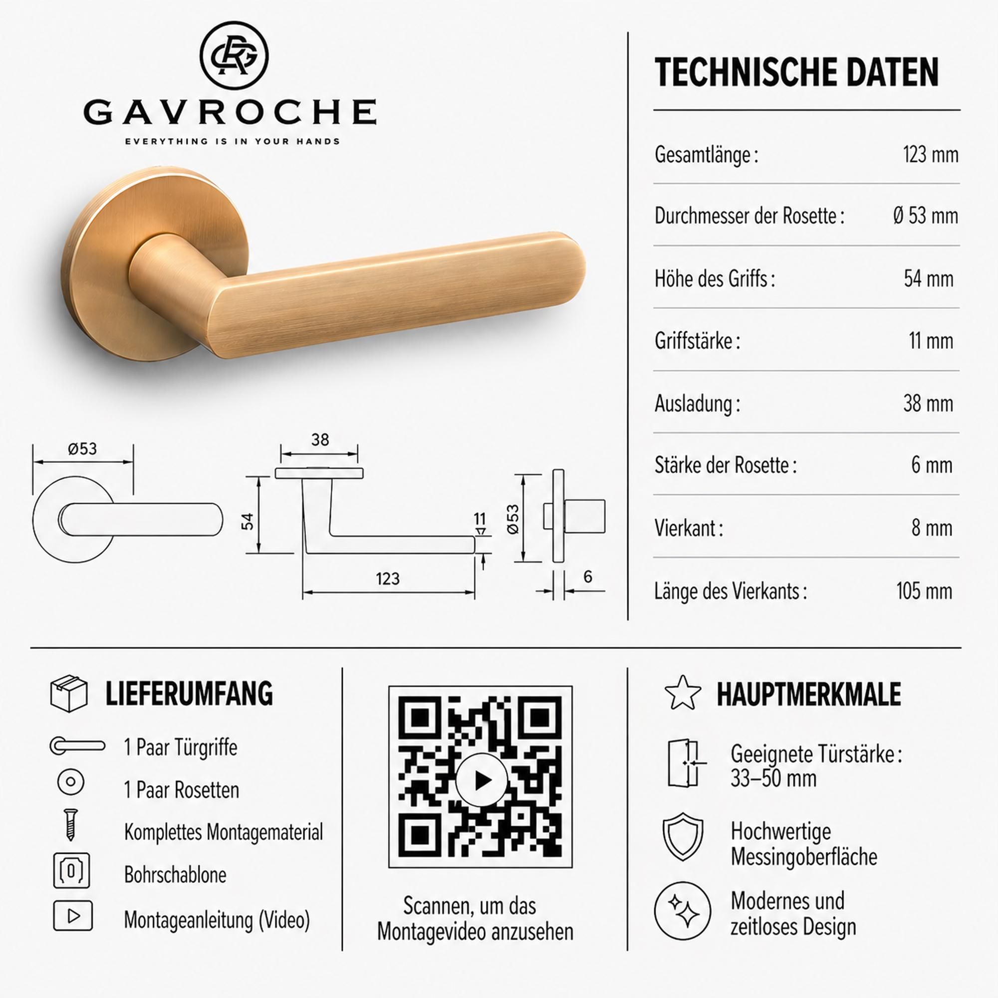 Gavroche Türgriffe Set BB Buntbart Türklinken für Innentüren in Matt Gold Drückergarnitur für Zimmertür mit runder Rosettengarnitur Zink Türbeschlag