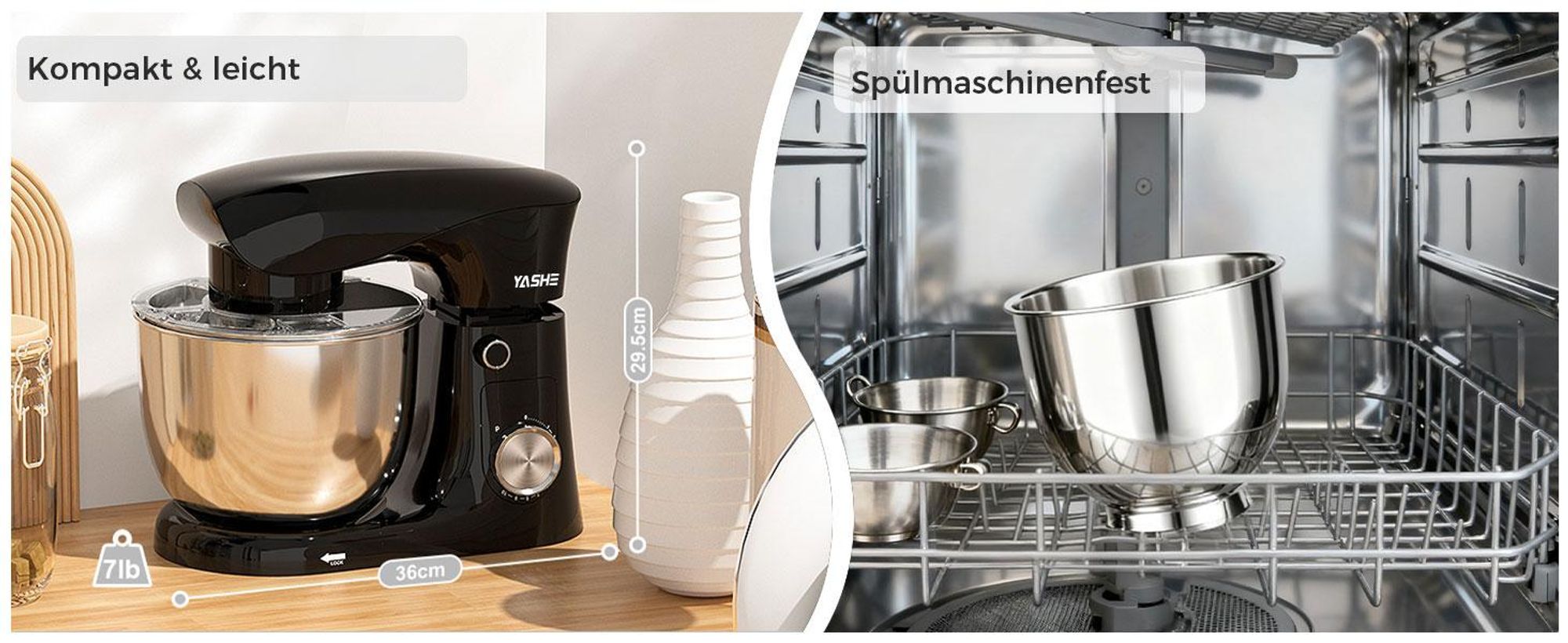 YASHE 1500W Küchenmaschine Knetmaschine mit 4,5+5L Edelstahlschüsseln