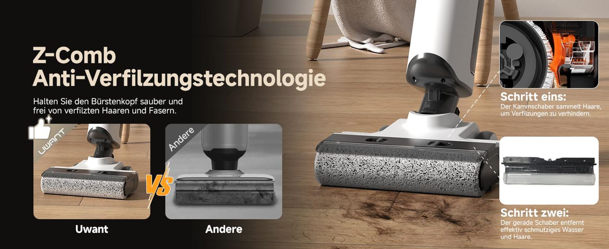 uwant D500 Nass Trockensauger,Abwassertanks-Desodorierung,180° Lay-Flat Saugwischer,17,000 Pa Saugkraft,65°C Leise Heißtrocknung,Selbstreinigend
