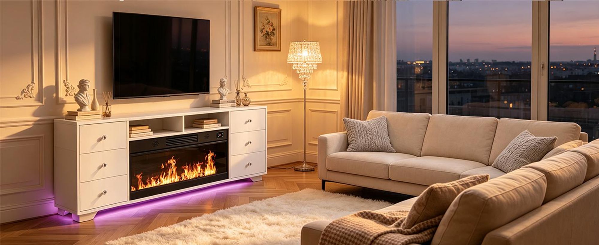 VANITII TV-Schrank mit kamin,TV-Lowboard mit farbwechselndem LED-Beleuchtung 6 Schubladen Weiβ 140 x 40 x 65 cm