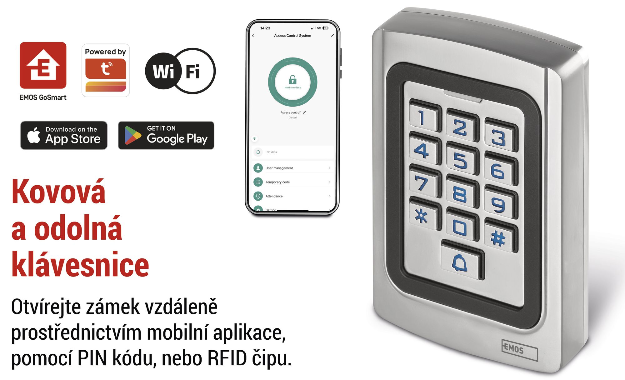 Přístupová klávesnice EMOS GoSmart s integrovanou čtečkou RFID a aplikací, inteligentní domácí kódový zámek pro dveře a brány, vodotěsný, H5023