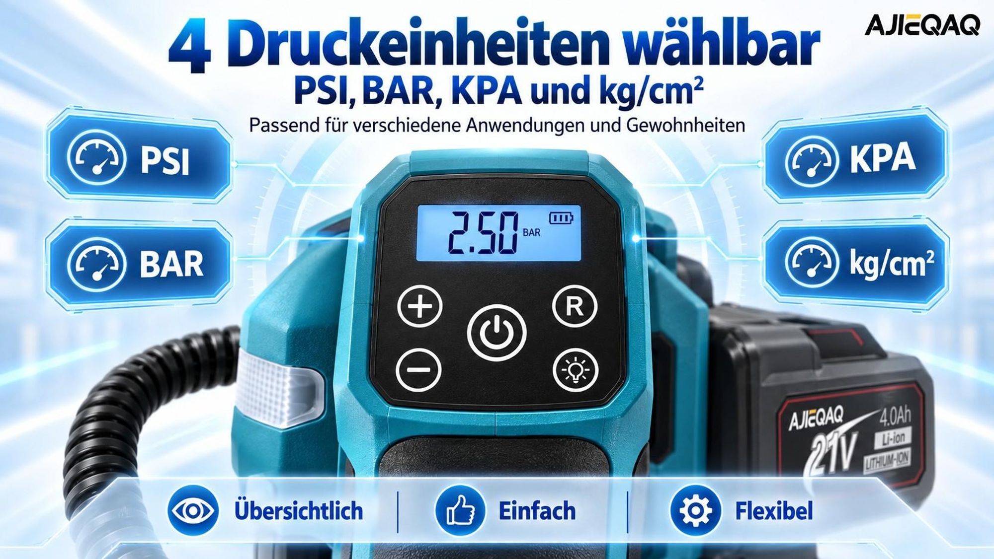 Akku-Luftkompressor 21V 4,0Ah, 150 PSI Reifenfüller mit Auto-Stopp, 12V Kfz-Anschluss, LED, SOS, für Auto, Motorrad & Fahrrad
