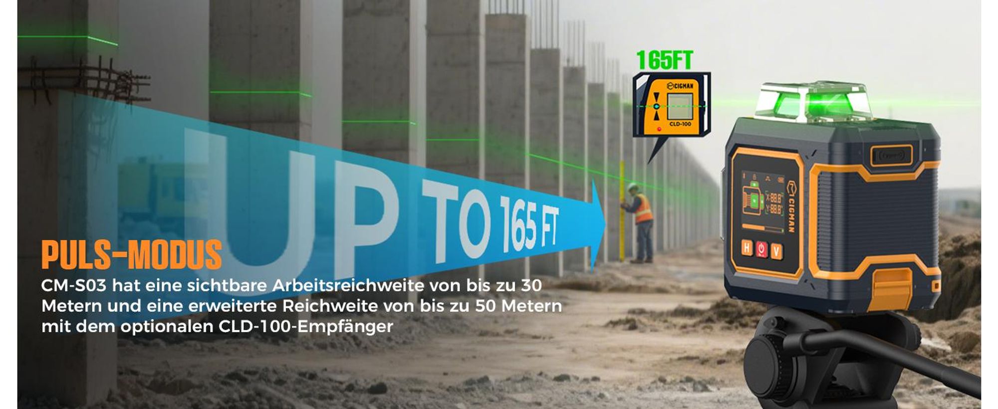 CIGMAN CM-S03 Kreuzlinienlaser 3x360° Grün mit App & LCD-Display