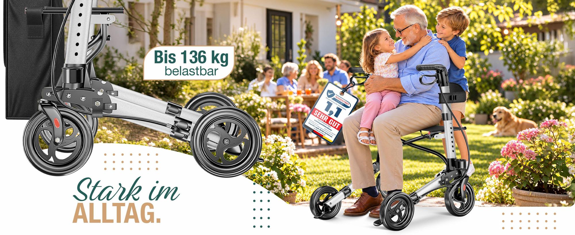 ELONEO Rollator faltbar und leicht mit Sitz, Leichtgewicht-Reiserollator aus Aluminium, Gehhilfe 8-fach höhenverstellbar, Laufhilfe 3-fach faltbar