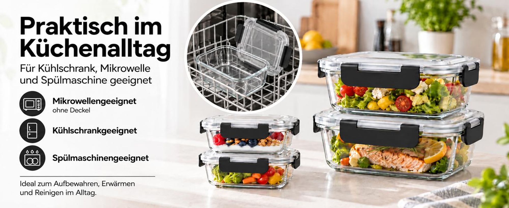 10er Set Frischhaltedosen Glas mit Deckel – 5×1040 ml + 5×370 ml, Vorratsdosen & Meal Prep Boxen, luftdicht, auslaufsicher, BPA-frei