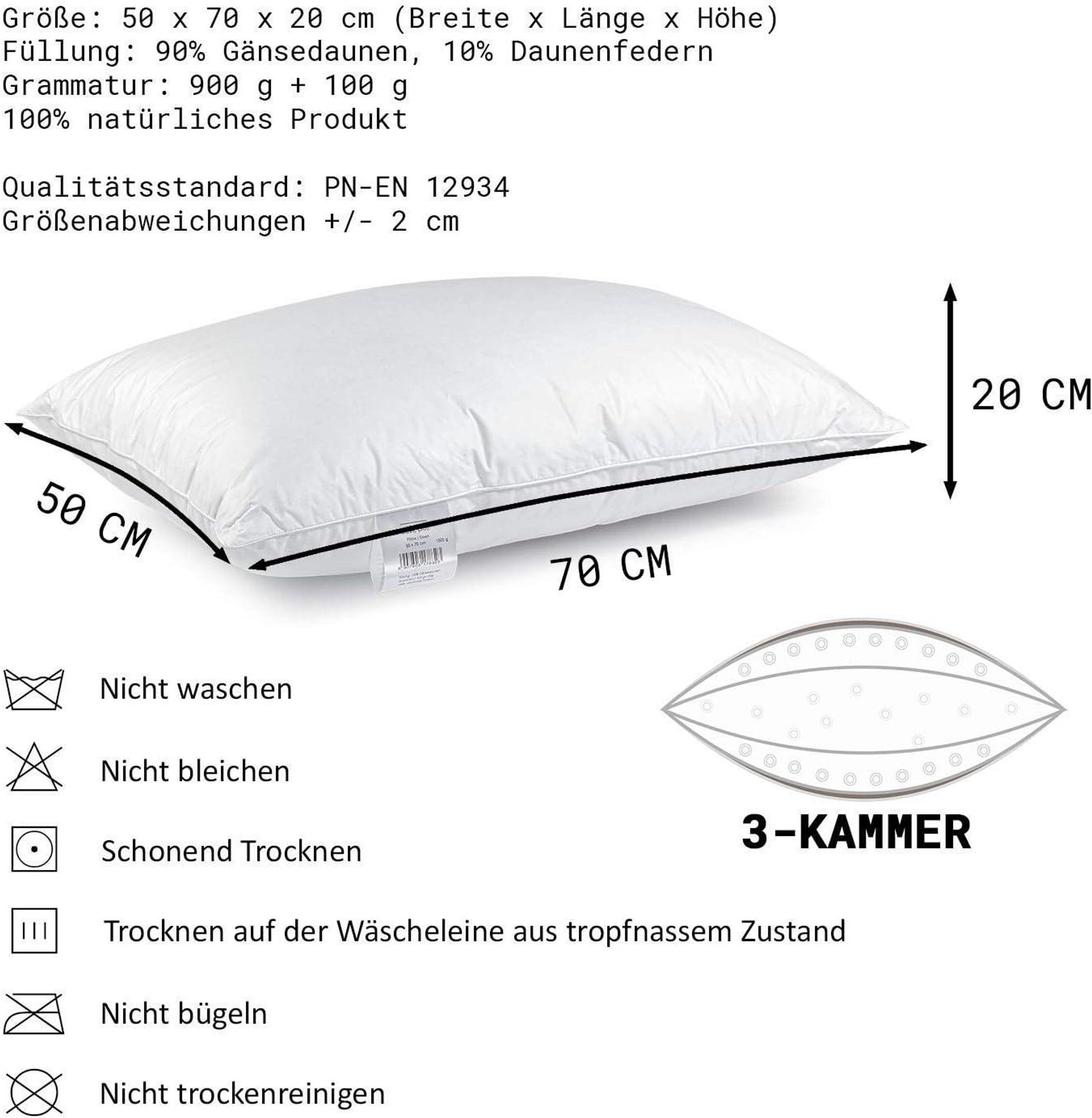 Dreikammer Kopfkissen 50x70 cm 1000 g – 90% Gänsedaunen – 3-Kammer Daunenkissen mit Baumwollbezug – 1er Set