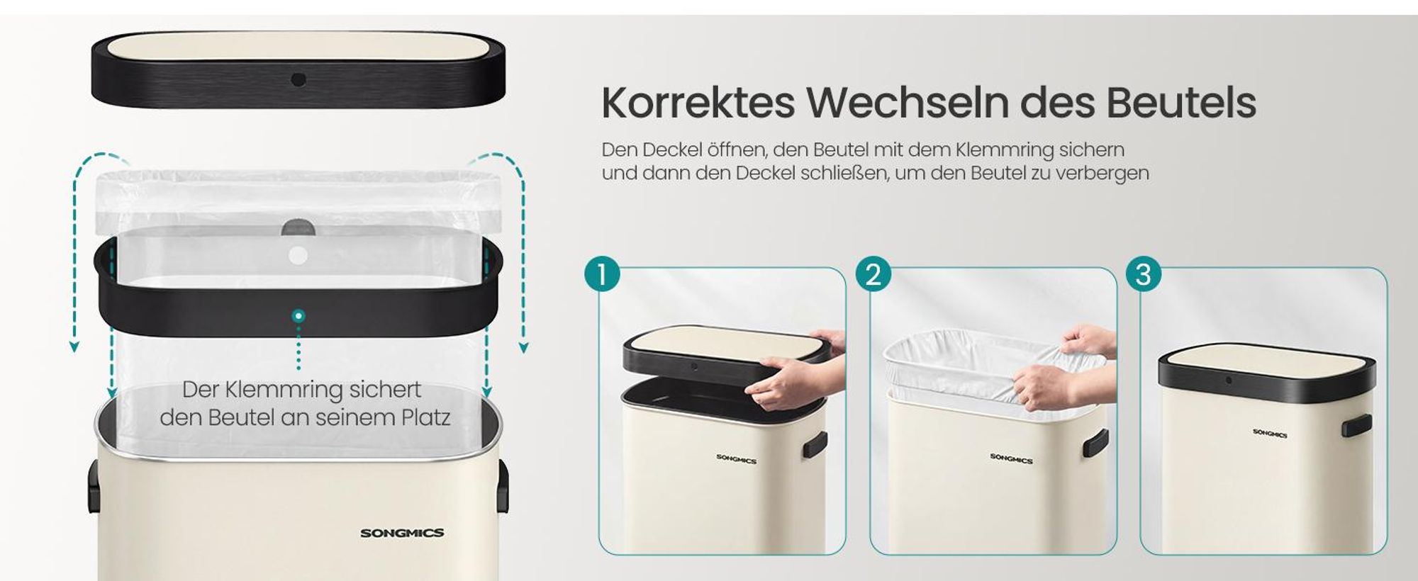 Mülleimer mit Sensor, automatischer Abfalleimer 50 L, Softclose-Deckel, Stahl, creme