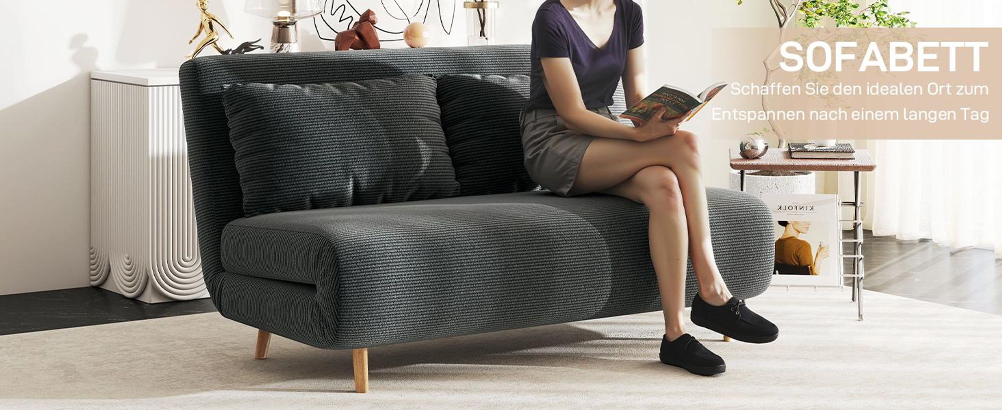 HOMCOM Schlafsofa, Klappsofa mit Bettfunktion, Rückenkissen Kordoptik Dunkelgrau