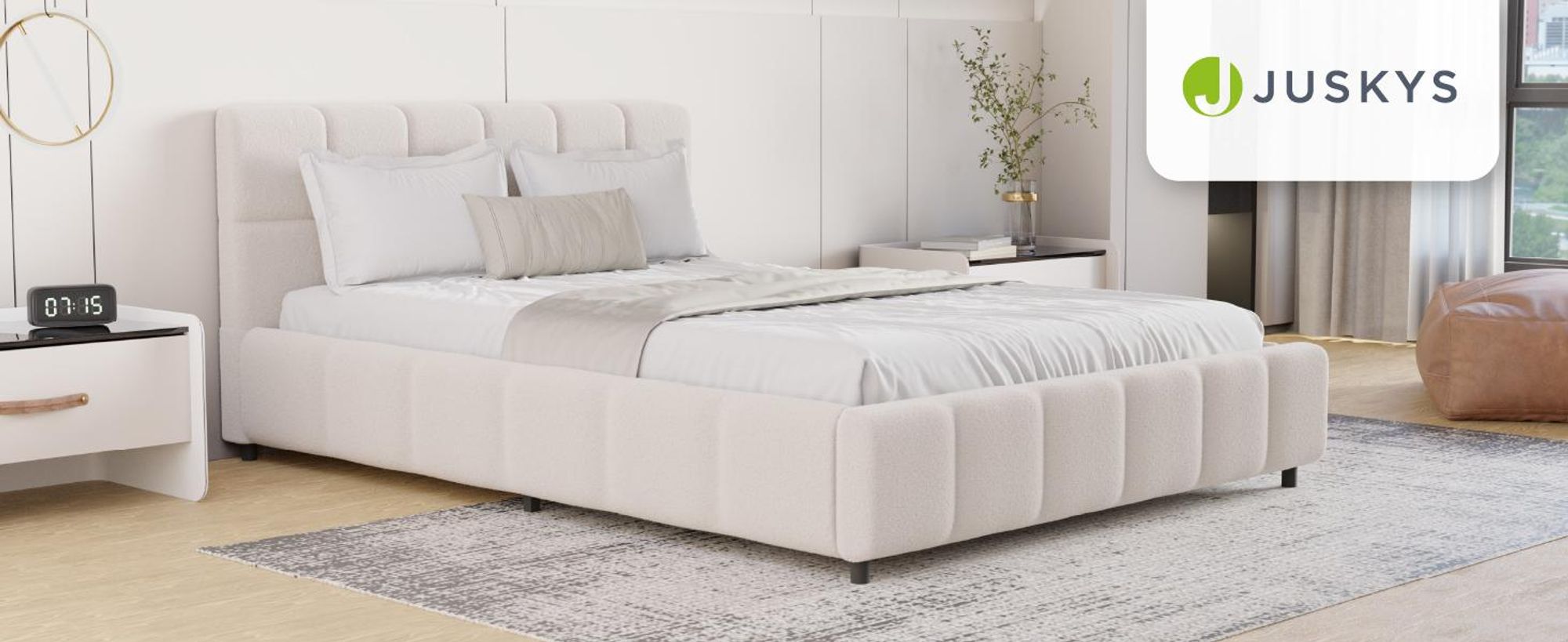 Juskys Polsterbett Florenz 140 x 200 cm, Bouclé, Bubble Design & modern – Creme