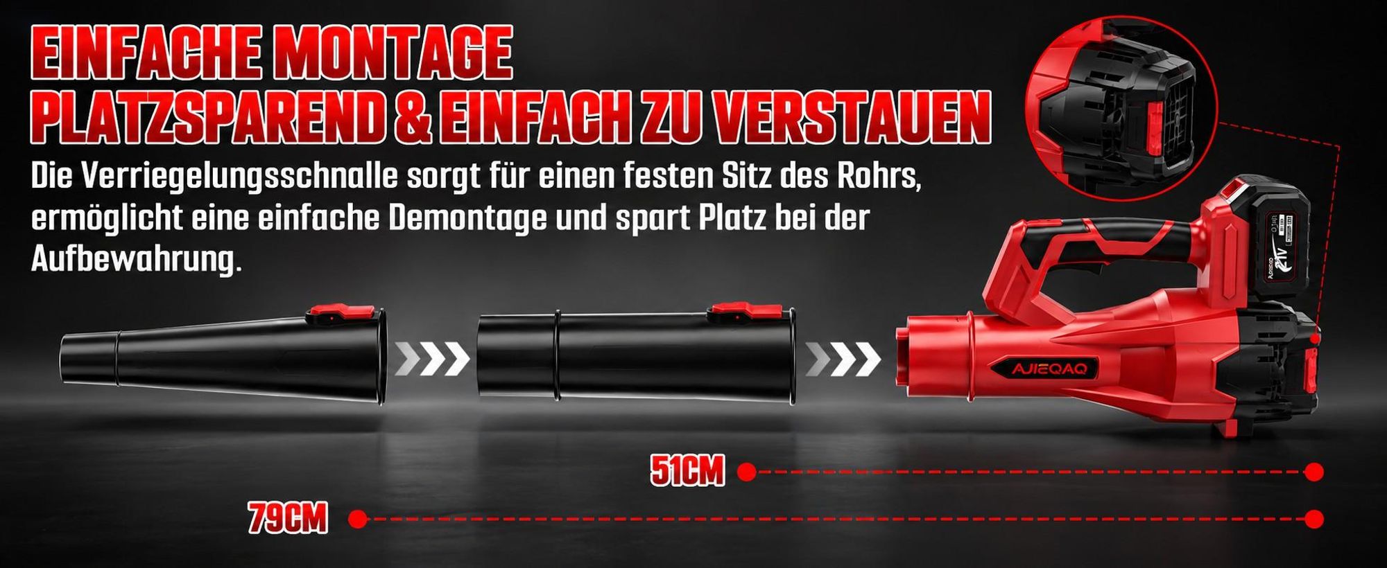 1000W Akku-Laubbläser 21V Brushless, 2×4,0Ah Akkus, 360 km/h, 6 Stufen mit Turbo,  kabelloser Laubbläser mit 2 Rohren