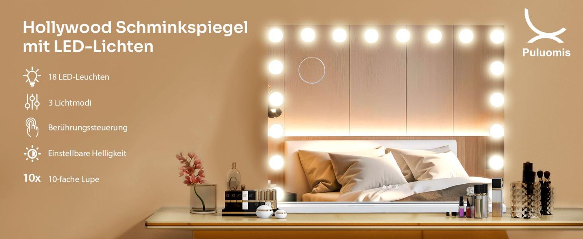 Puluomis Kosmetikspiegel Hollywood 18 LED 80x60cm 3 Lichtfarben Dimmbar Schminkspiegel Spiegel mit Beleuchtung, 10x Vergrößen, Wandspiegel weiß