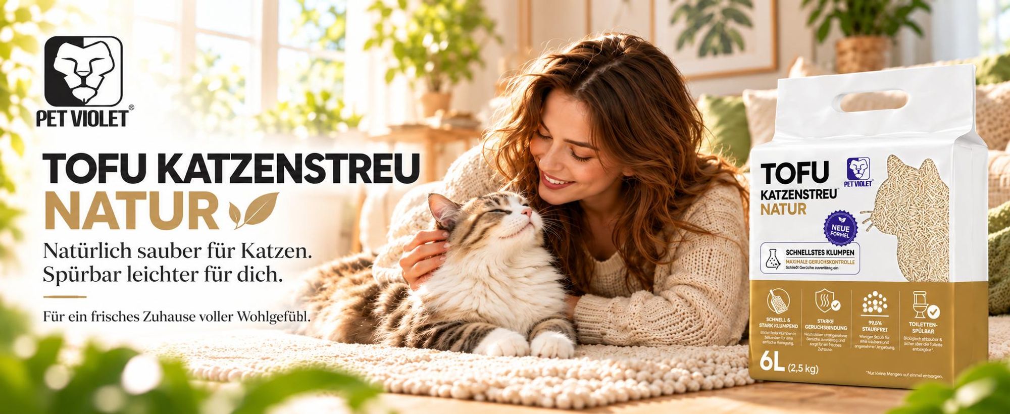 PET VIOLET Tofu Katzenstreu Natur mit Katze, Besitzerin und 2,5-kg-Packung