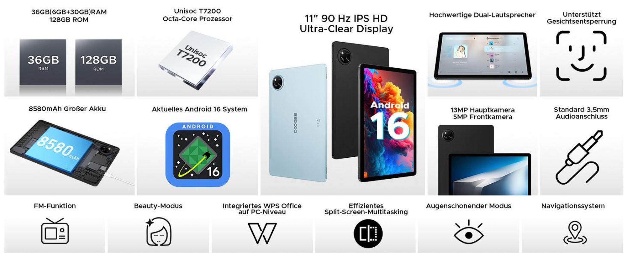 DOOGEE Tab A9 Pro+ - Tablet, Android 16, 11 Zoll, 30(6+24)GB+128GB(bis 2TB erweiterbar), 90Hz, 8580mAh,Widevine L1