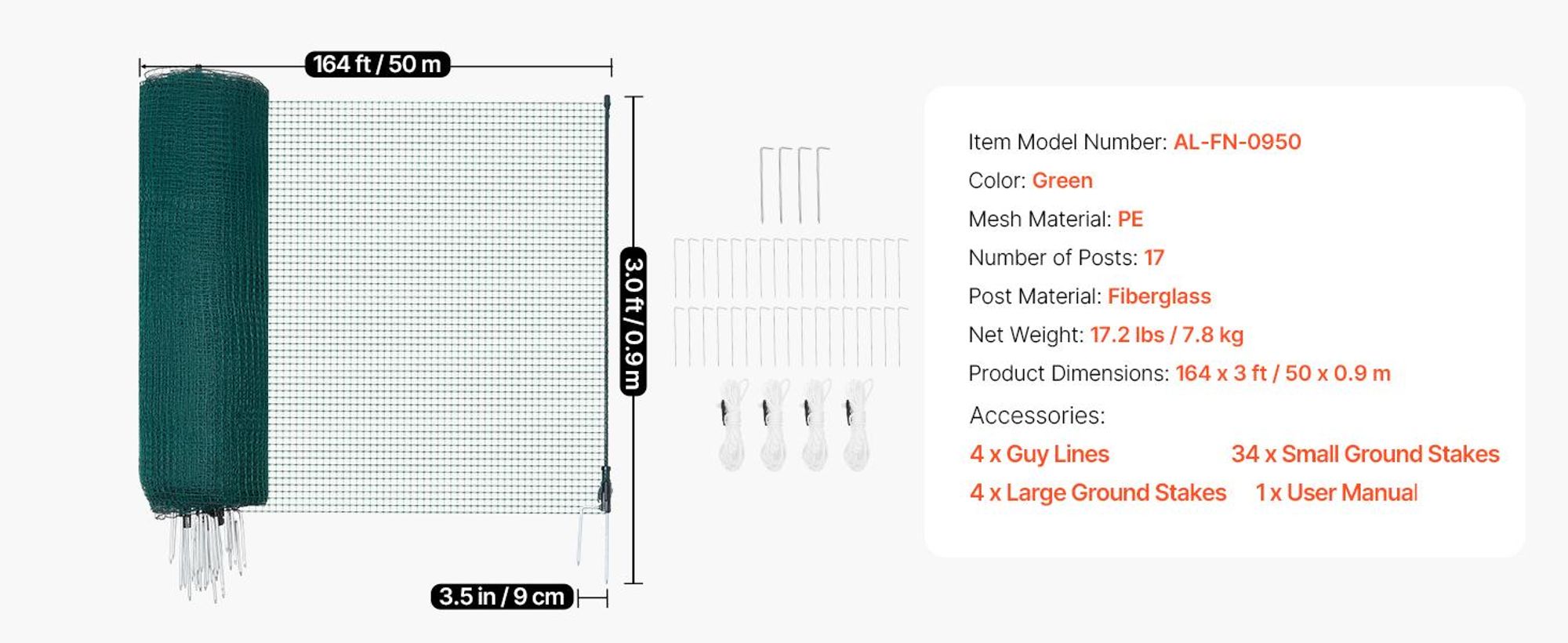 VEVOR Begrenzungszaun 50x0,9 m, Weidezaun aus PE, Mobiler Hundezaun mit Doppelspitzenpfählen & Abspannseilen, Hühnerzaun, Gartenzaun, Campingzaun für Hunde, Hühner, Pflanzen, Außenbereiche