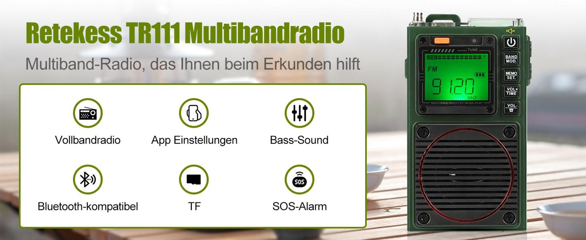 Retekess TR111 Tragbares Shortwave Radio,FM VHF AM SW WB Band Radio,Unterstützung App Intelligent Remote,MP3/TF,Bass Stereo SOS Alarm,Anwendbar für Radio Enthusiasten