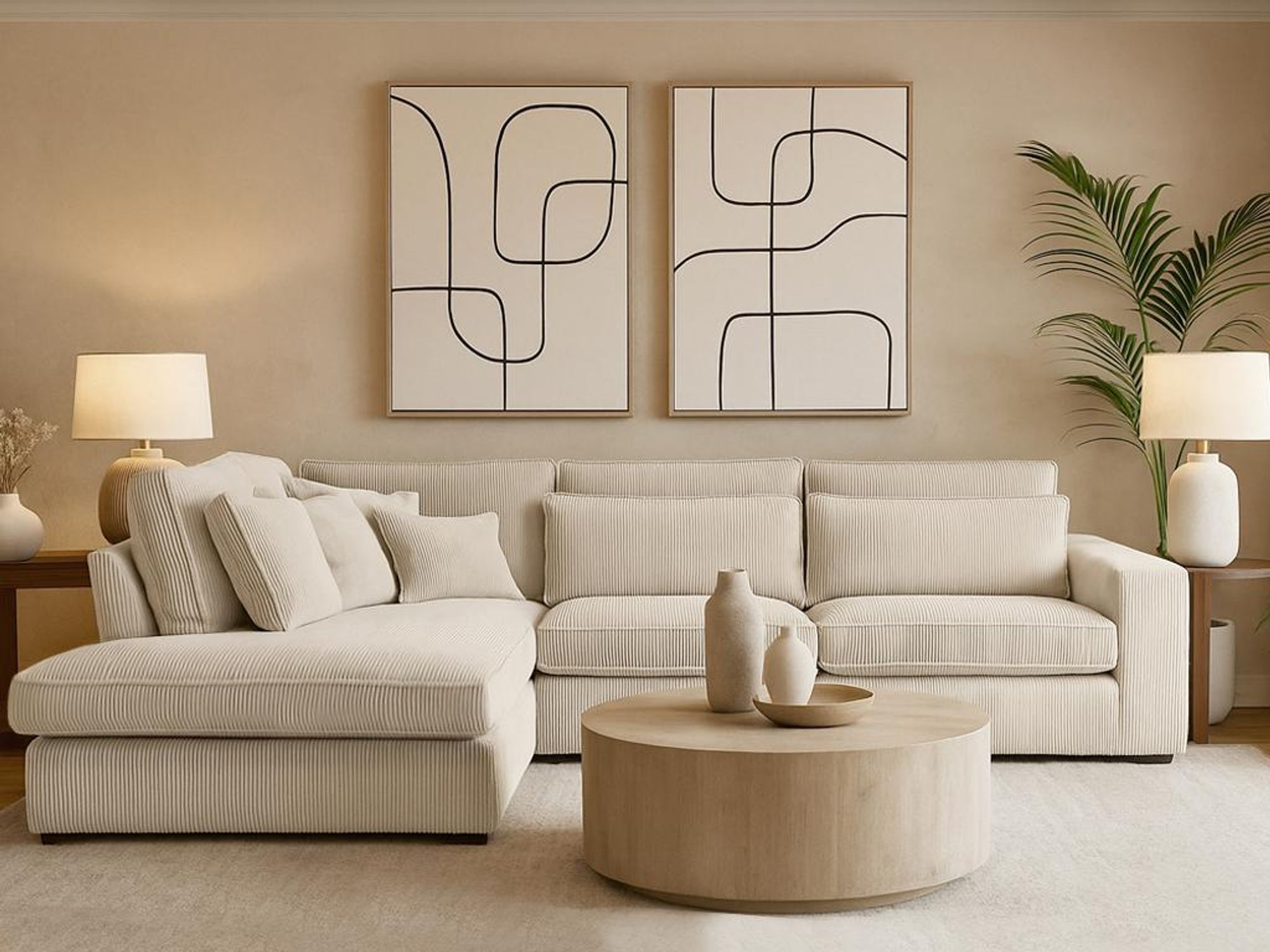BEAUTYSOFA | Designový rohový gauč PARMA, rohový gauč ve tvaru L s ottomanem vlevo, moderní gauč z veluru Soft Touch v krémové barvě s polštáři