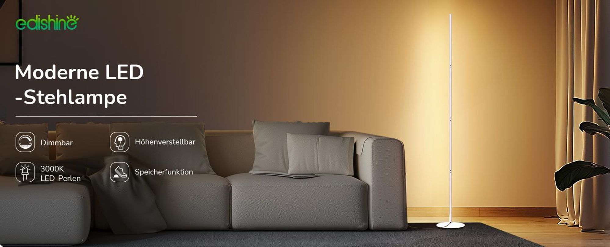 EDISHINE Stehlampe Wohnzimmer, LED Stehlampe Dimmbar, 3000K warmweiße Stehleuchte mit Memory-Funktion, höhenverstellbar 146 cm, Weiß